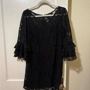 Black Lace Ruffle-Sleeve Women's Dress